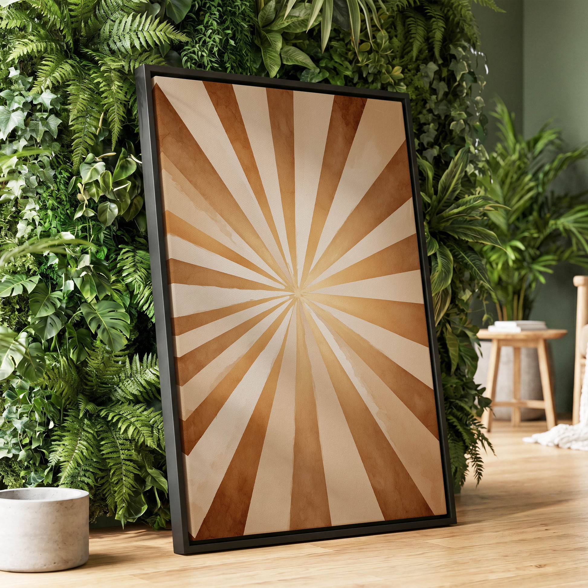 Gilded Sepia Burst, beige, gold, brown abstract wall art displayed in a styled interior, gallery view 8