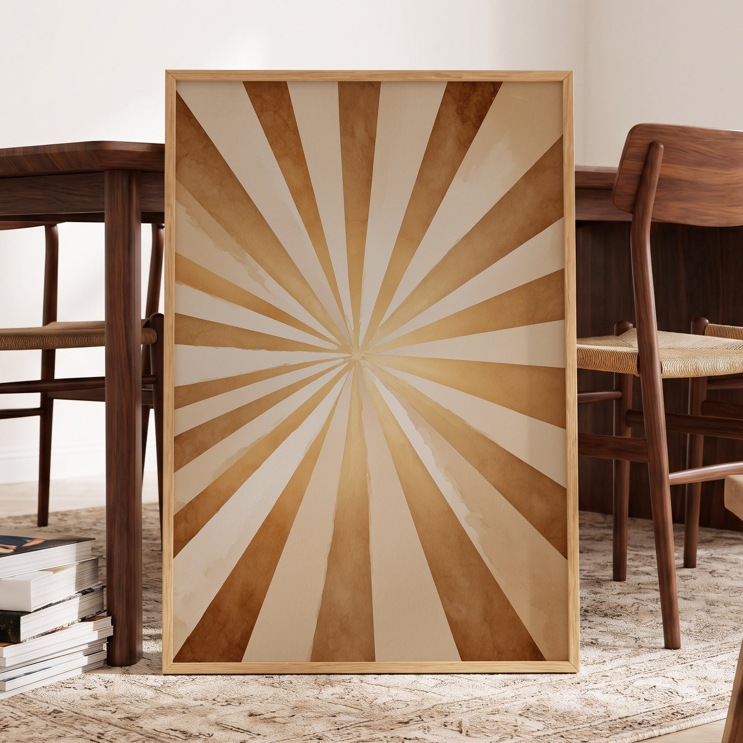 Gilded Sepia Burst, beige, gold, brown abstract wall art displayed in a styled interior, gallery view 9