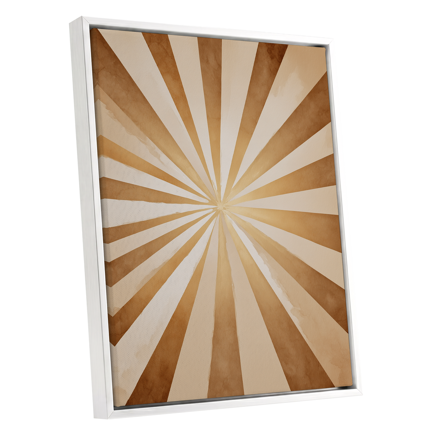 Gilded Sepia Burst, beige, gold, brown abstract wall art shown as a white framed canvas wall art