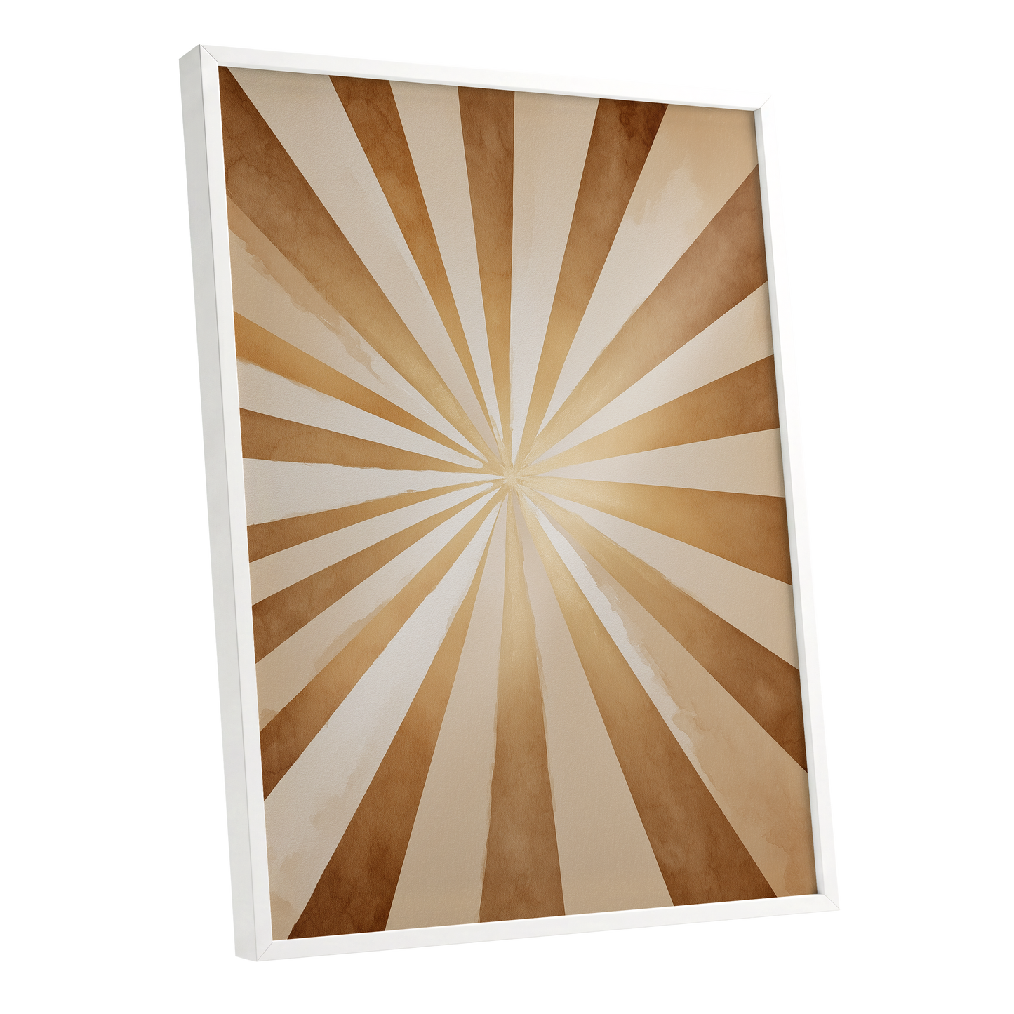 Gilded Sepia Burst, beige, gold, brown abstract wall art shown as a white framed poster wall art print