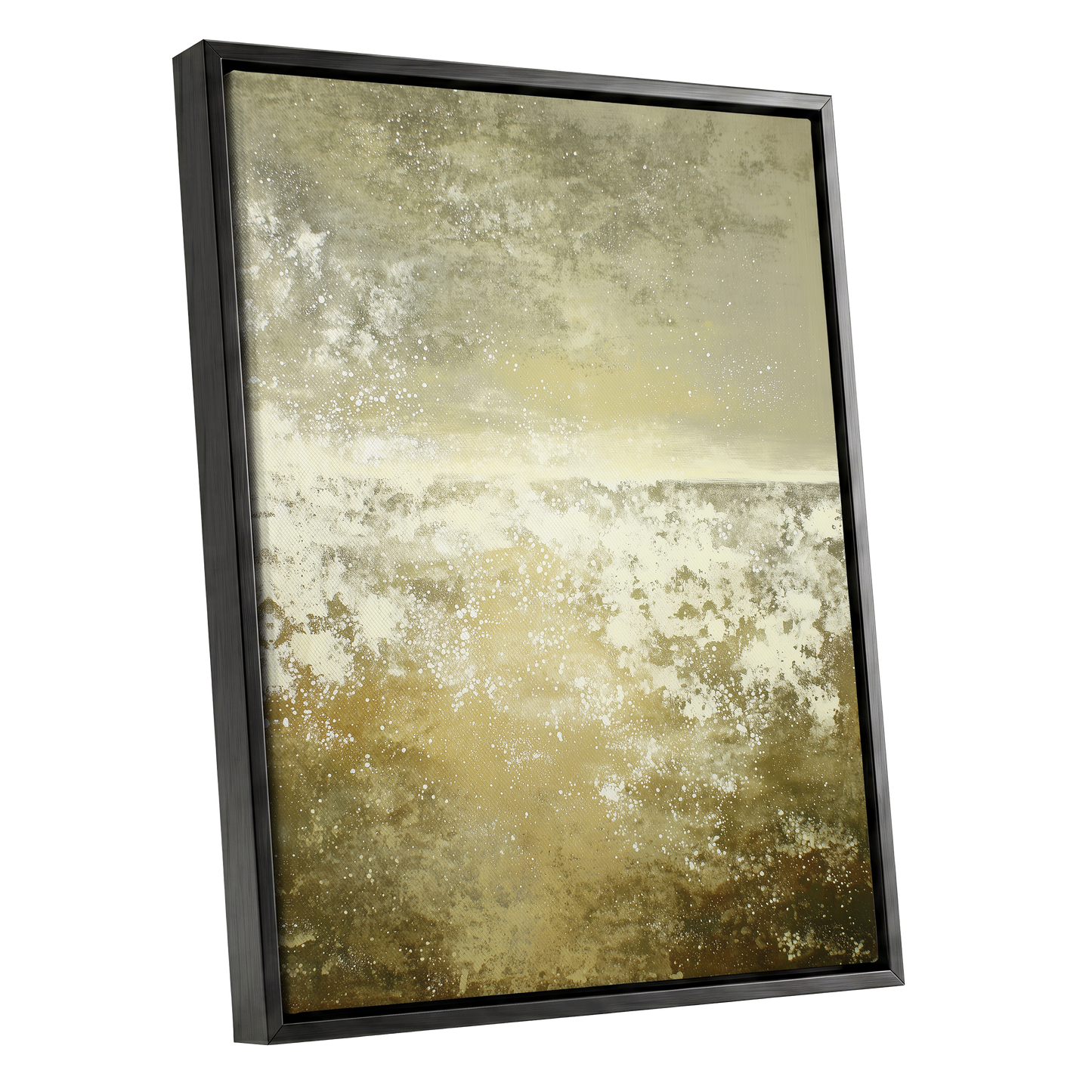 Gilded Stillness, beige, gold, white abstract wall art shown as a black framed canvas wall art