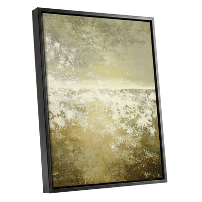 Gilded Stillness, beige, gold, white abstract wall art shown as a black framed canvas wall art