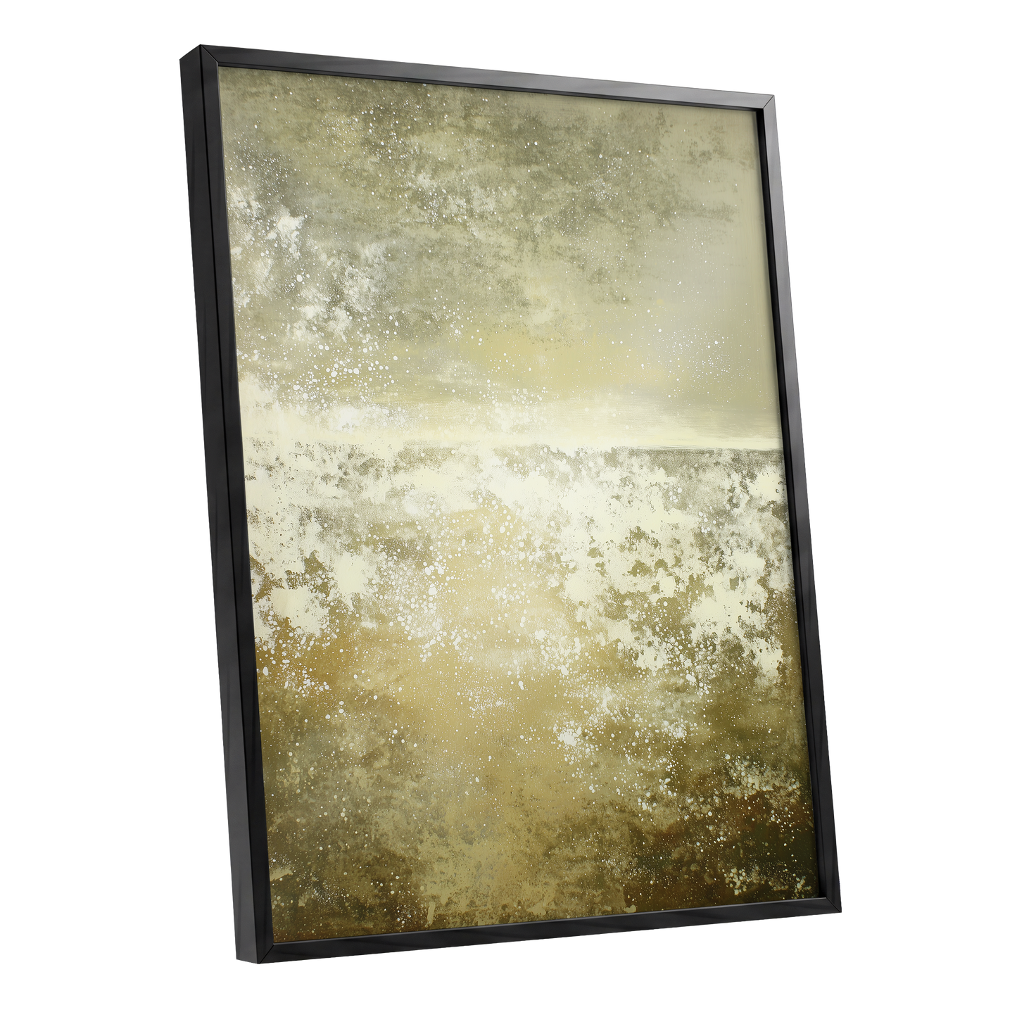 Gilded Stillness, beige, gold, white abstract wall art shown as a black framed poster wall art print