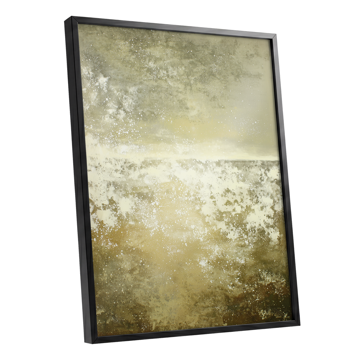 Gilded Stillness, beige, gold, white abstract wall art shown as a black framed poster wall art print