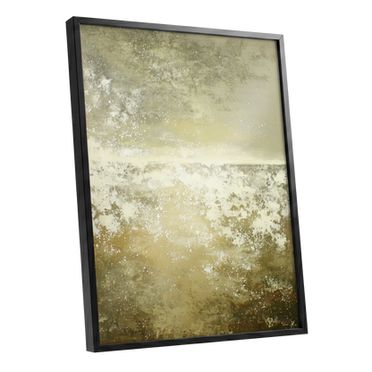 Gilded Stillness, beige, gold, white abstract wall art shown as a black framed poster wall art print