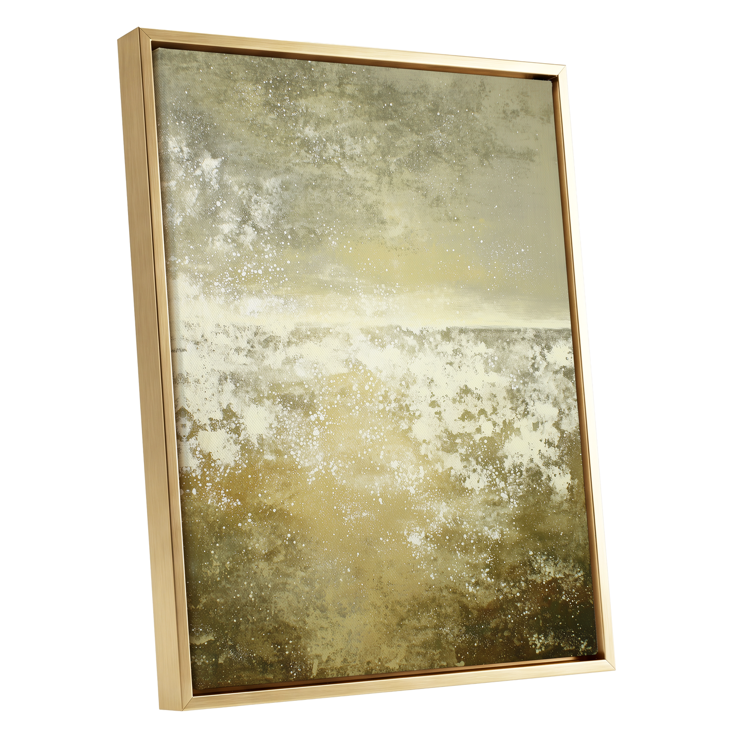 Gilded Stillness, beige, gold, white abstract wall art shown as a gold framed canvas wall art