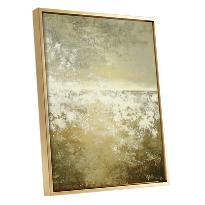 Gilded Stillness, beige, gold, white abstract wall art shown as a gold framed canvas wall art