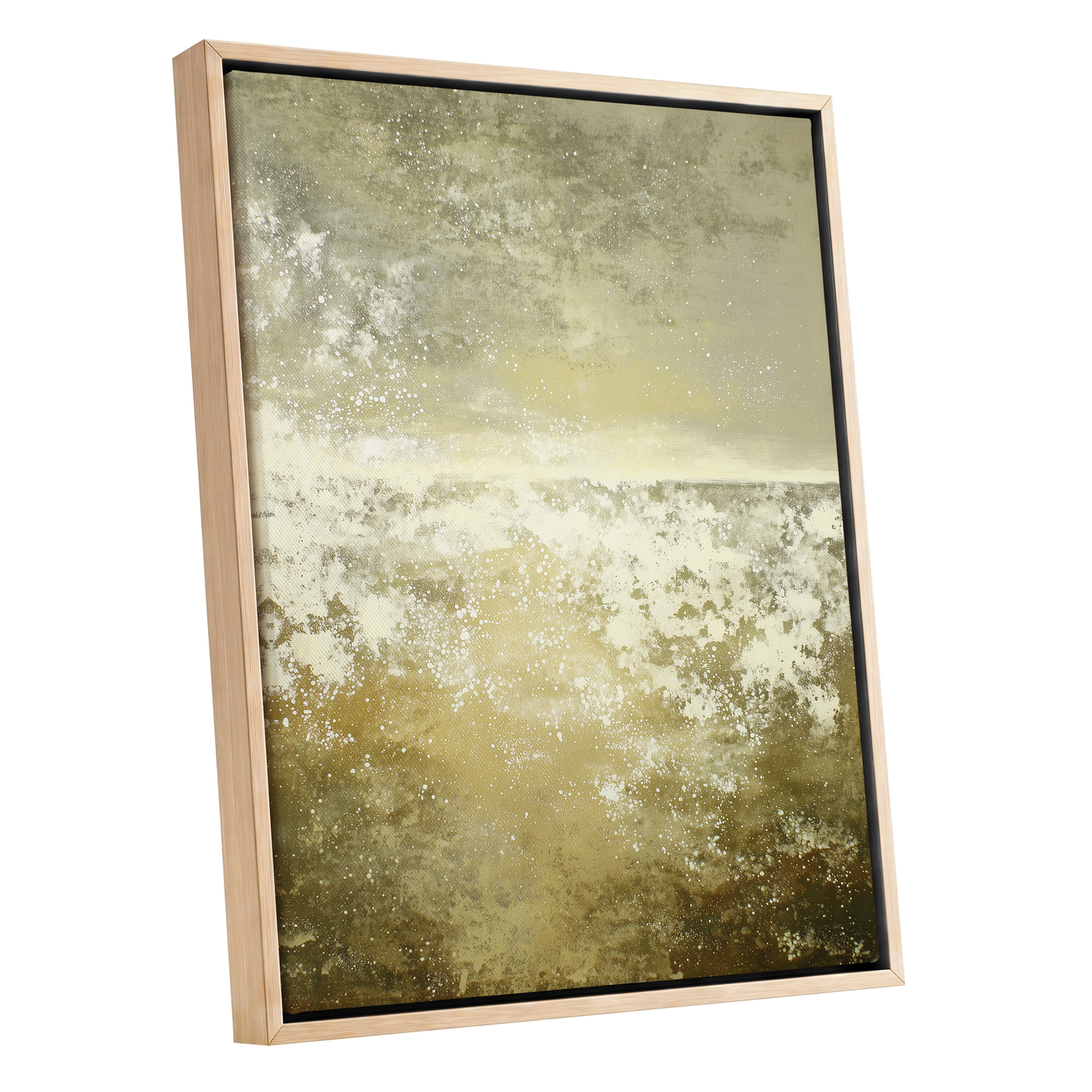 Gilded Stillness, beige, gold, white abstract wall art shown as a oak framed canvas wall art