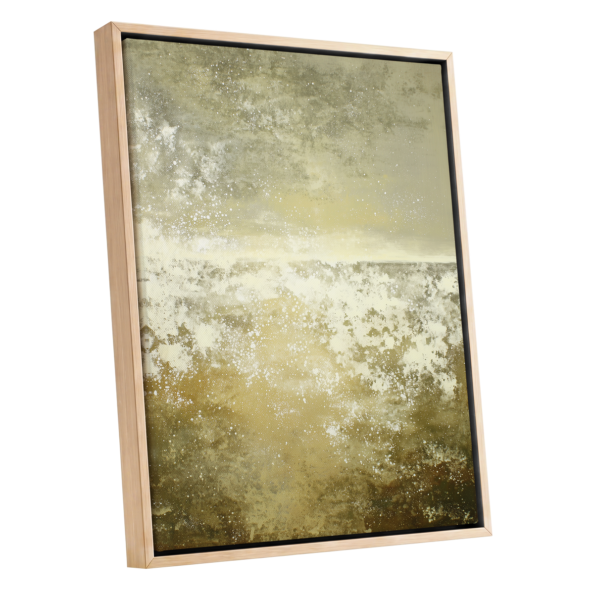 Gilded Stillness, beige, gold, white abstract wall art shown as a oak framed canvas wall art