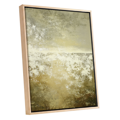 Gilded Stillness, beige, gold, white abstract wall art shown as a oak framed canvas wall art