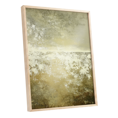 Gilded Stillness, beige, gold, white abstract wall art shown as a oak framed poster wall art print