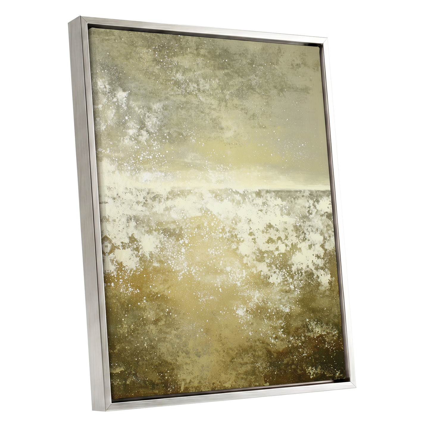 Gilded Stillness, beige, gold, white abstract wall art shown as a silver framed canvas wall art