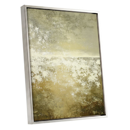 Gilded Stillness, beige, gold, white abstract wall art shown as a silver framed canvas wall art