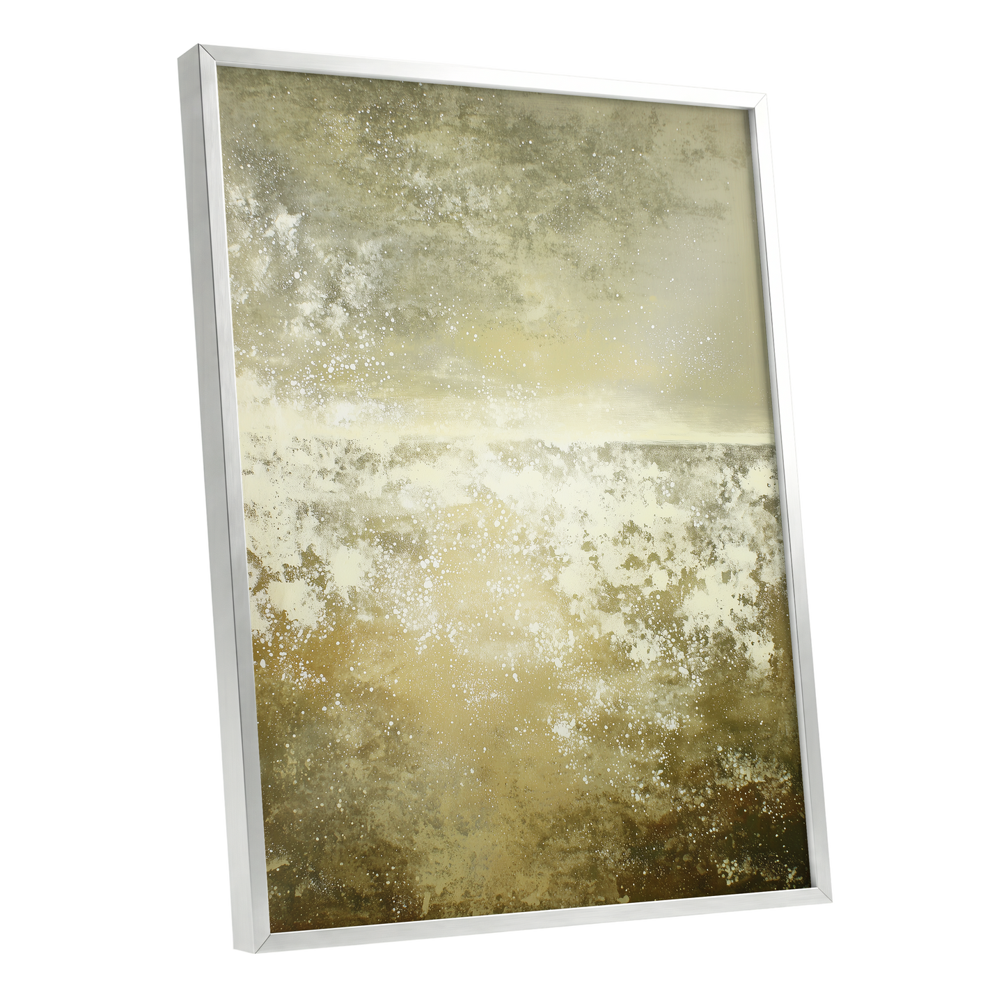 Gilded Stillness, beige, gold, white abstract wall art shown as a silver framed poster wall art print