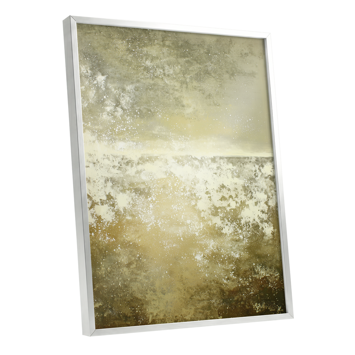 Gilded Stillness, beige, gold, white abstract wall art shown as a silver framed poster wall art print
