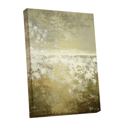 Gilded Stillness, beige, gold, white abstract wall art shown as a stretched canvas wall art