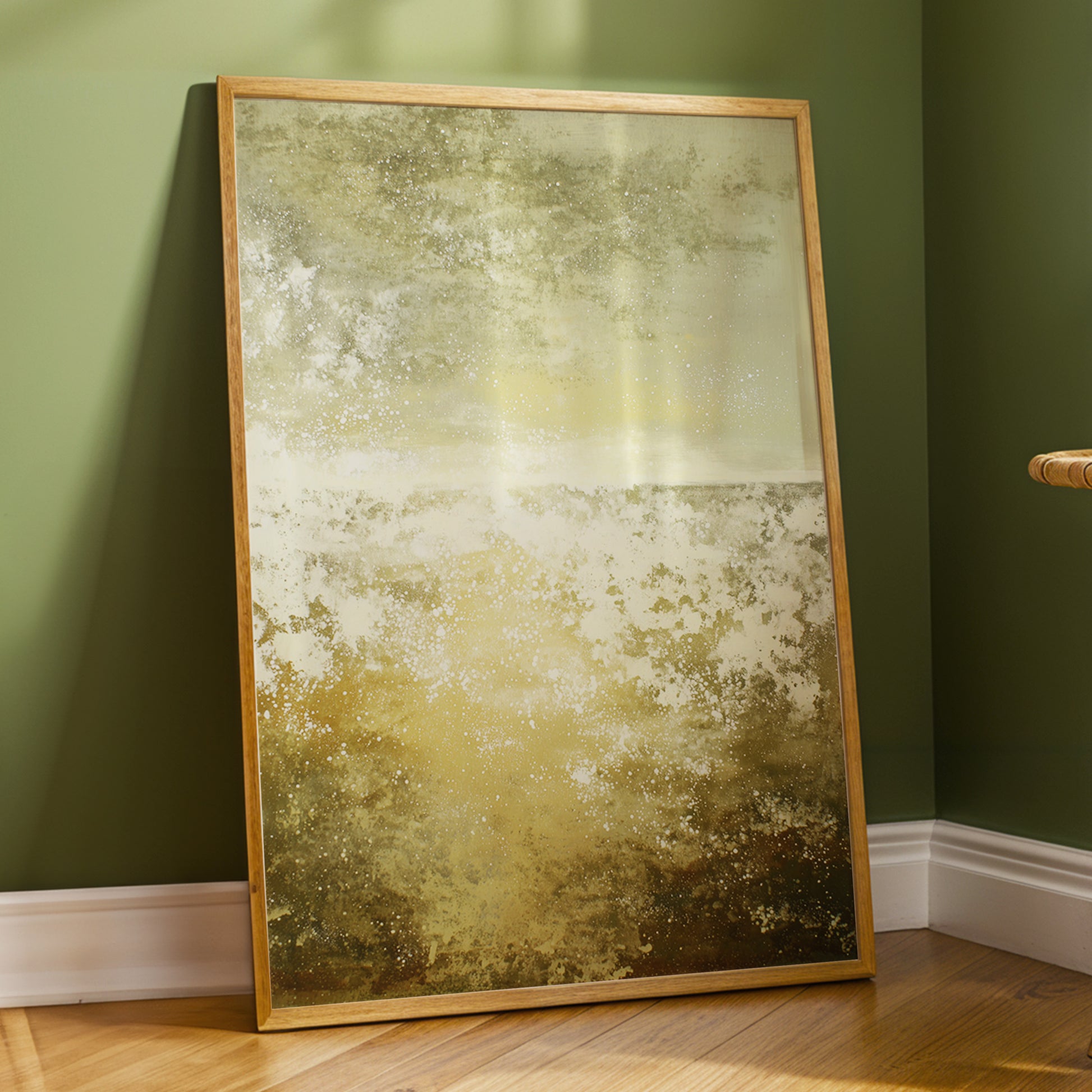 Gilded Stillness, beige, gold, white abstract wall art displayed in a styled interior, gallery view 2