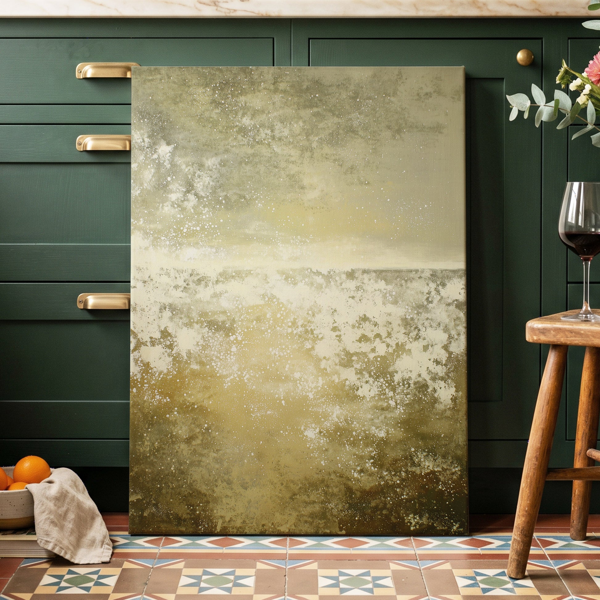 Gilded Stillness, beige, gold, white abstract wall art displayed in a styled interior, gallery view 3