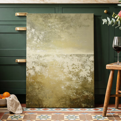 Gilded Stillness, beige, gold, white abstract wall art displayed in a styled interior, gallery view 3