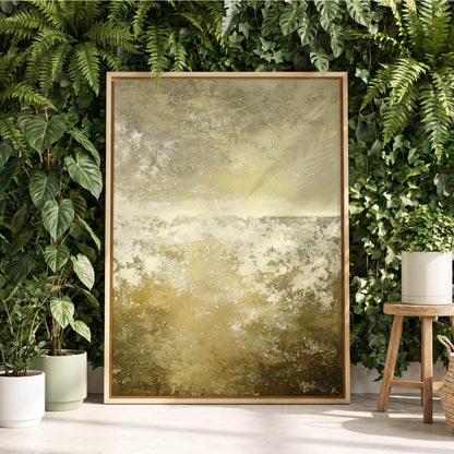 Gilded Stillness, beige, gold, white abstract wall art displayed in a styled interior, gallery view 4