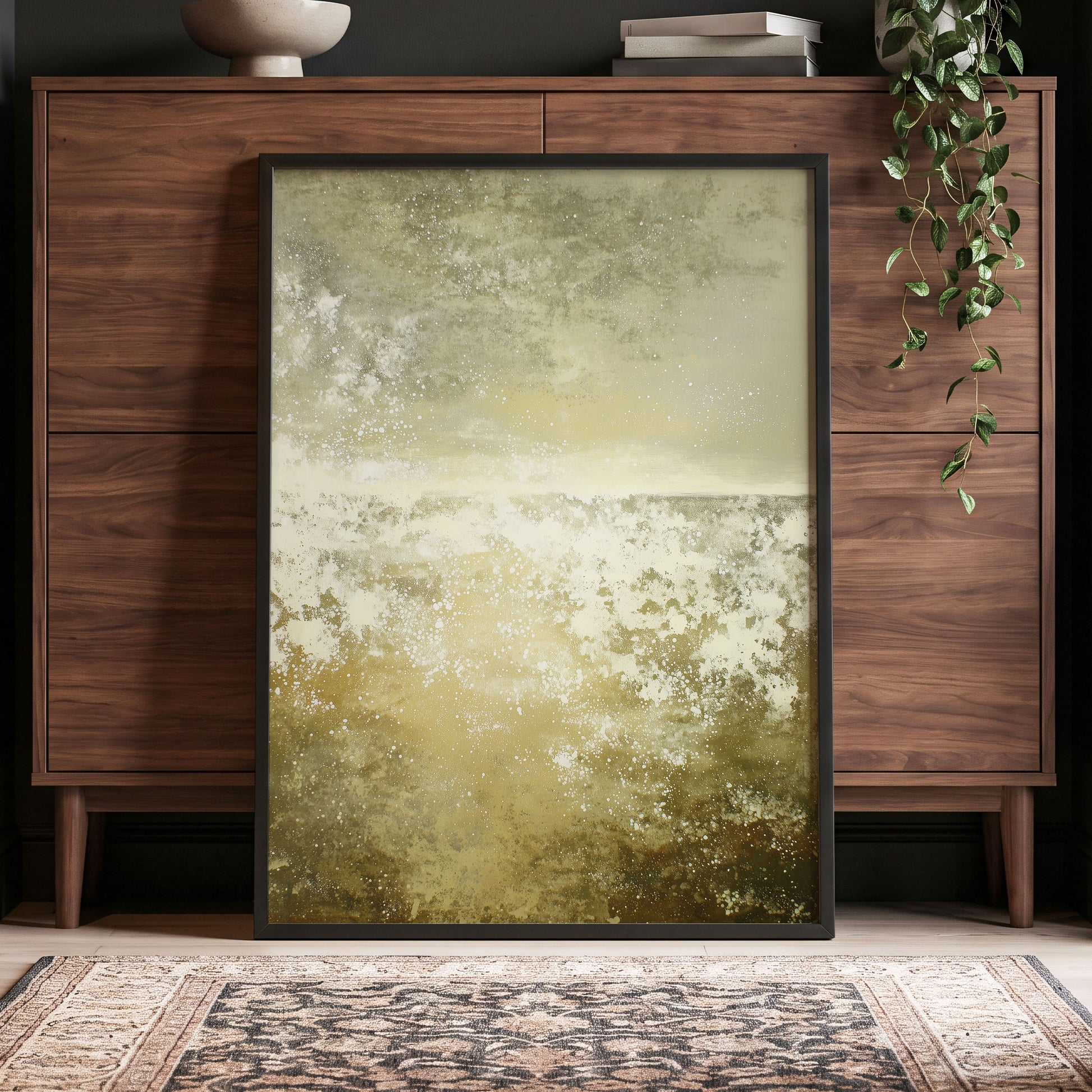 Gilded Stillness, beige, gold, white abstract wall art displayed in a styled interior, gallery view 6