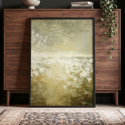 Gilded Stillness, beige, gold, white abstract wall art displayed in a styled interior, gallery view 6