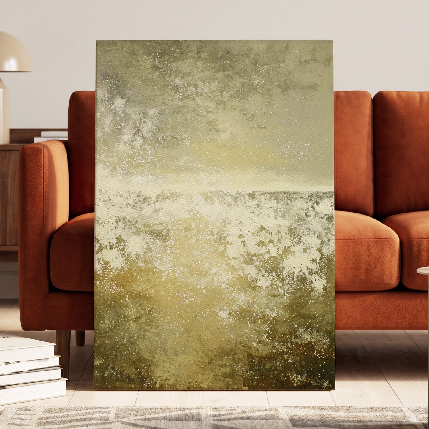 Gilded Stillness, beige, gold, white abstract wall art displayed in a styled interior, gallery view 7