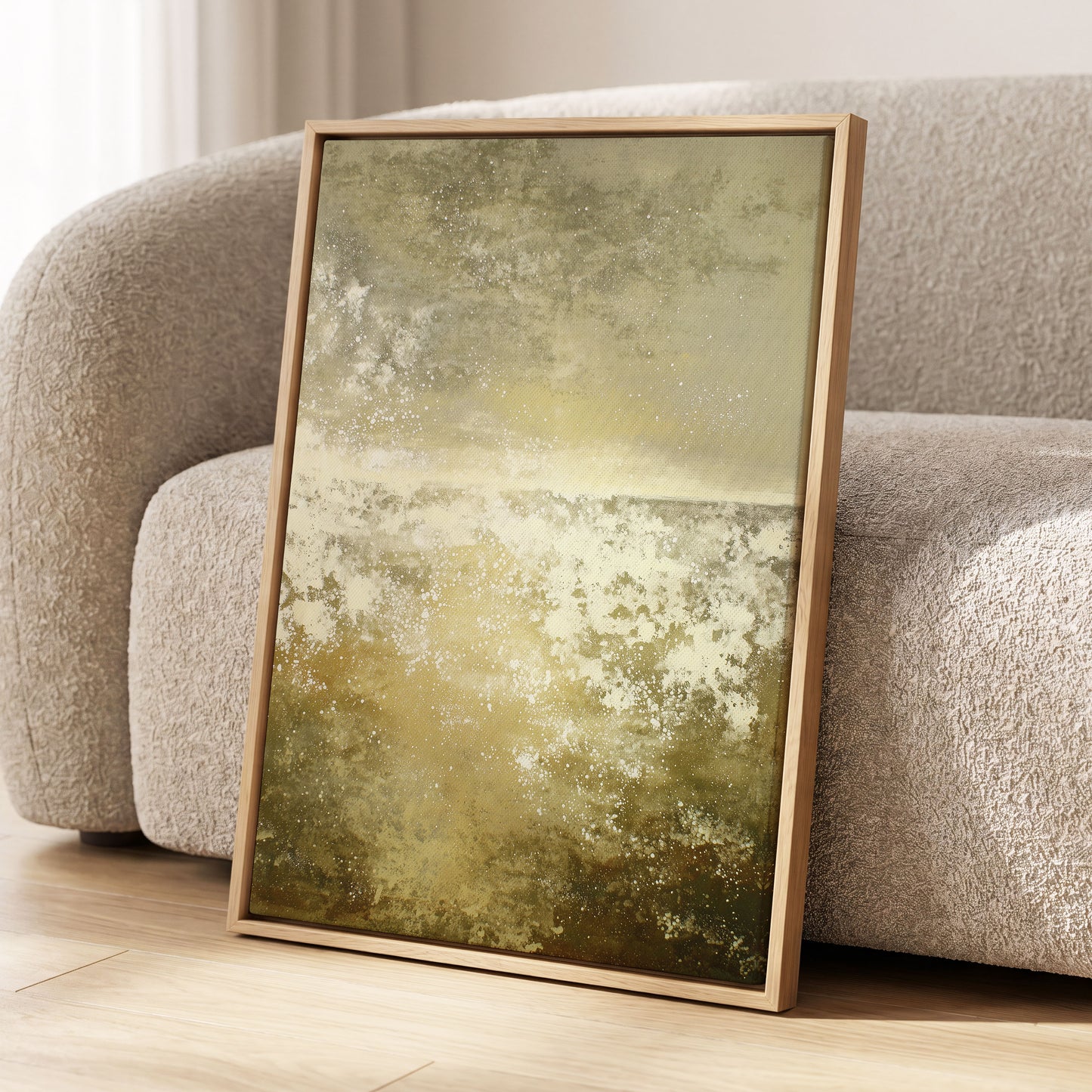 Gilded Stillness, beige, gold, white abstract wall art displayed in a styled interior, gallery view 8