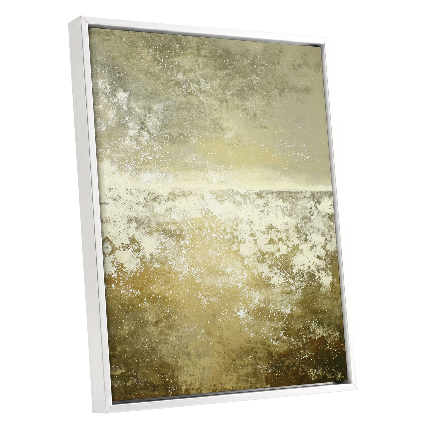 Gilded Stillness, beige, gold, white abstract wall art shown as a white framed canvas wall art