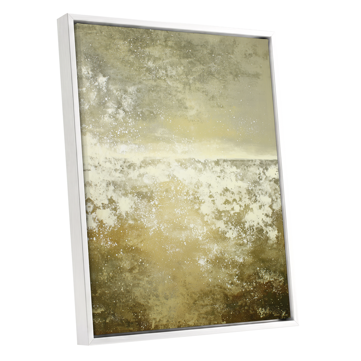Gilded Stillness, beige, gold, white abstract wall art shown as a white framed canvas wall art