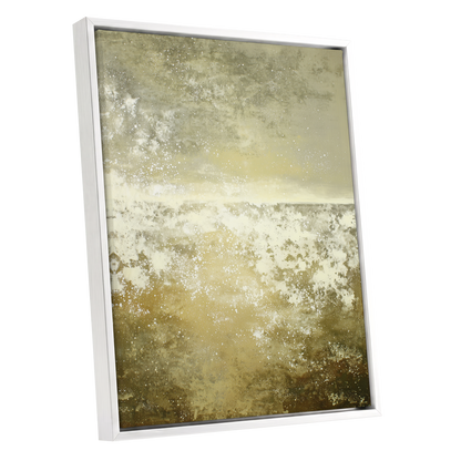 Gilded Stillness, beige, gold, white abstract wall art shown as a white framed canvas wall art