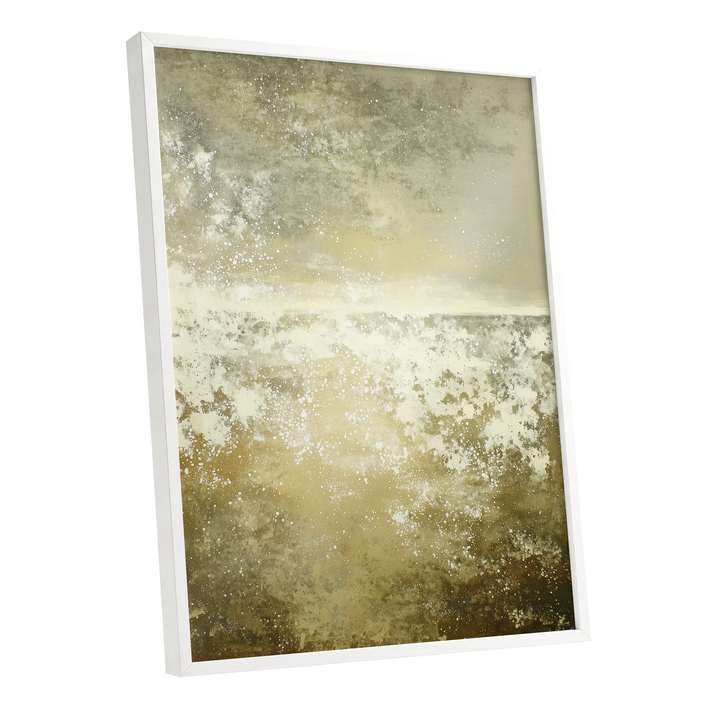 Gilded Stillness, beige, gold, white abstract wall art shown as a white framed poster wall art print
