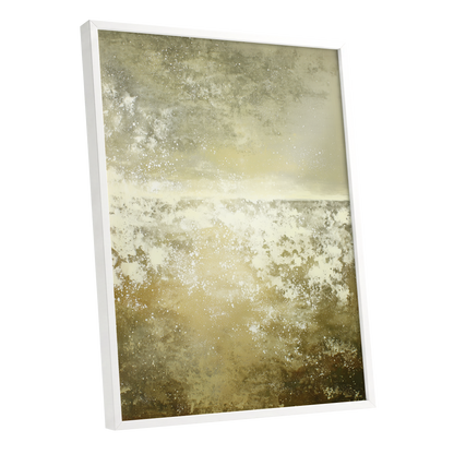 Gilded Stillness, beige, gold, white abstract wall art shown as a white framed poster wall art print
