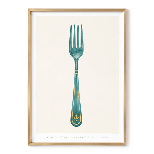 Gilded Teal Fork, green, beige, gold minimalist wall art, front artwork view