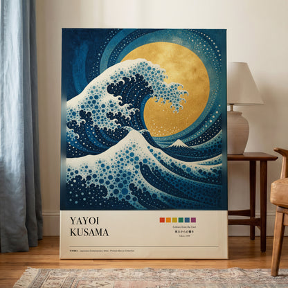 Gilded Tidal Arc, blue, gold, white nature wall art on canvas displayed in a styled interior, gallery view 1
