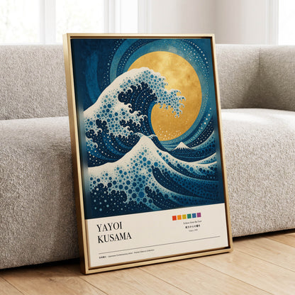 Gilded Tidal Arc, blue, gold, white nature wall art displayed in a styled interior, gallery view 1