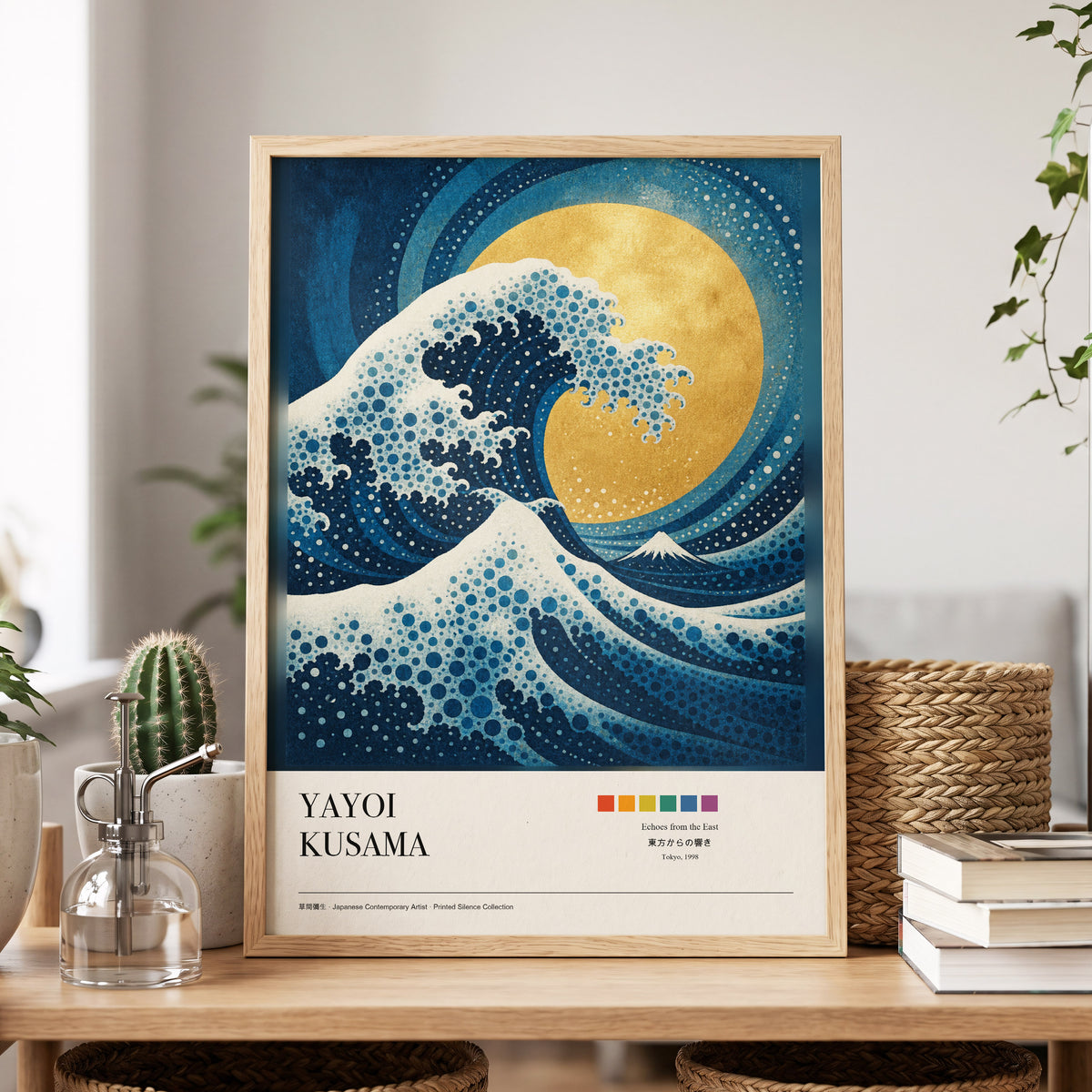 Gilded Tidal Arc, blue, gold, white nature wall art displayed in a styled interior, gallery view 4