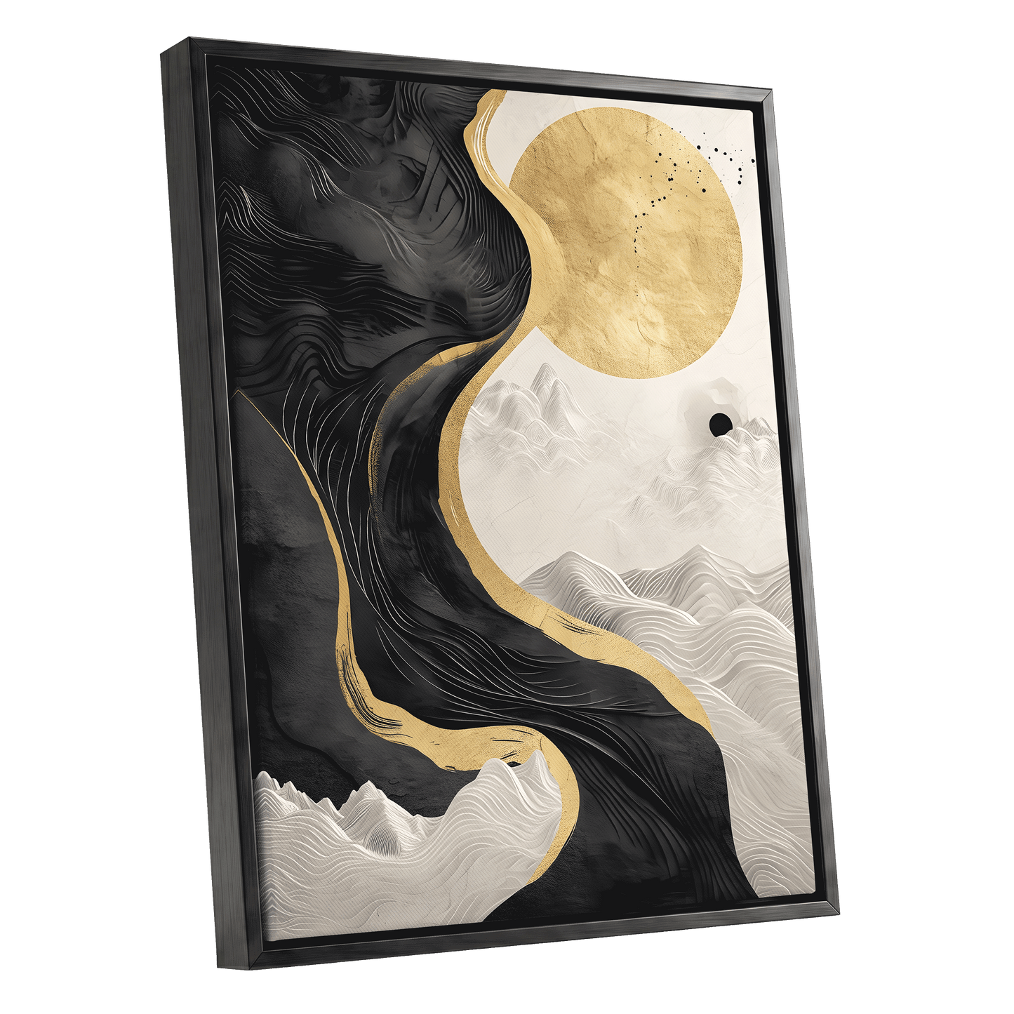 Gilded Tidal Forms, black, gold, white nature wall art shown as a black framed canvas wall art