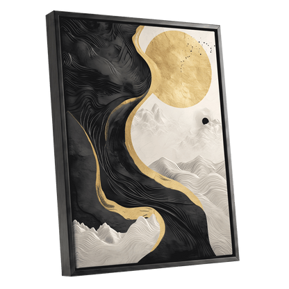 Gilded Tidal Forms, black, gold, white nature wall art shown as a black framed canvas wall art