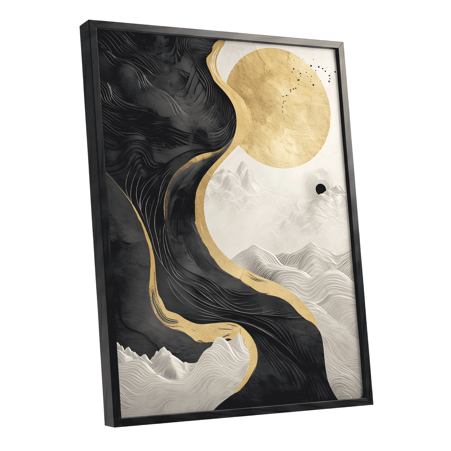Gilded Tidal Forms, black, gold, white nature wall art shown as a black framed poster wall art print