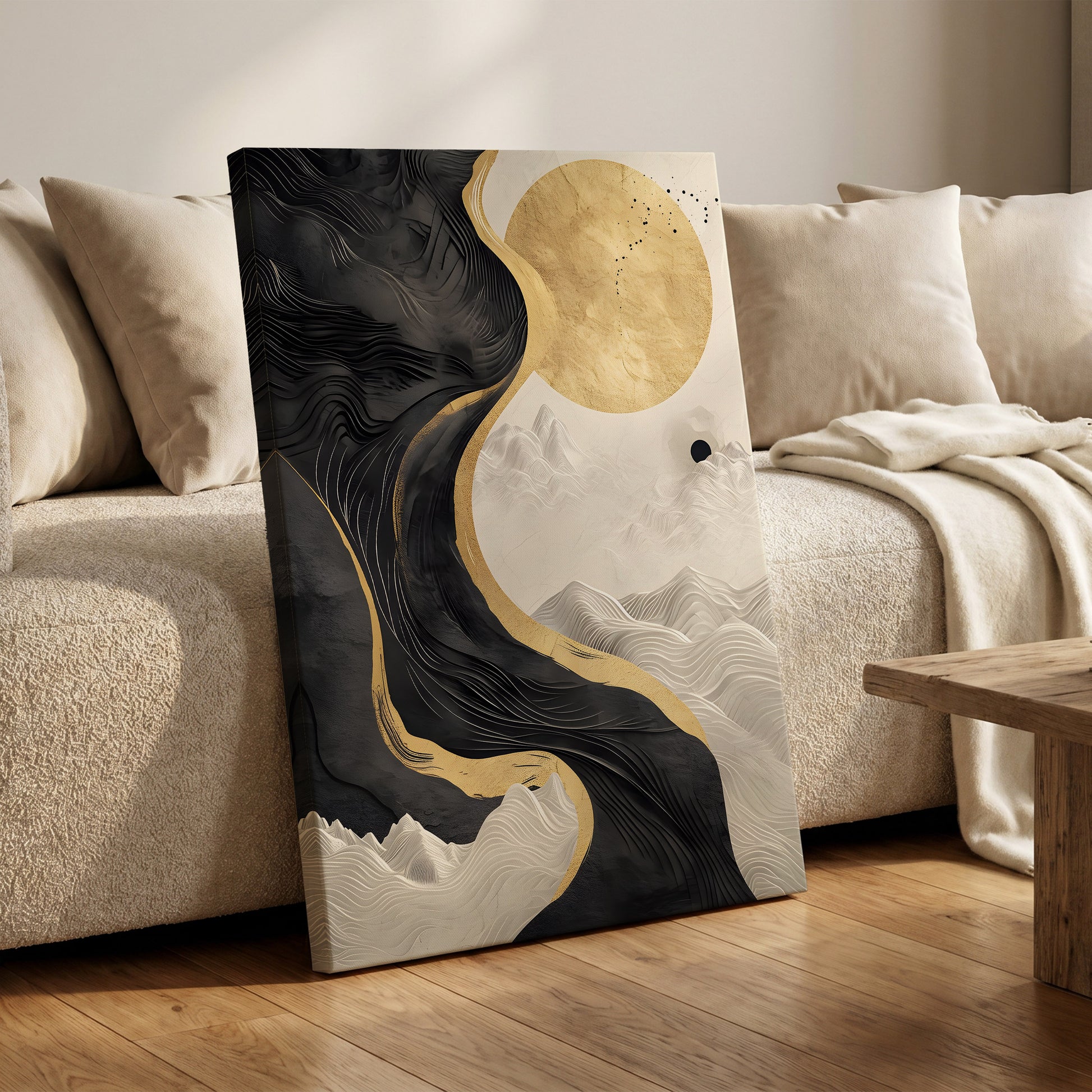 Gilded Tidal Forms, black, gold, white nature wall art on canvas displayed in a styled interior, gallery view 1