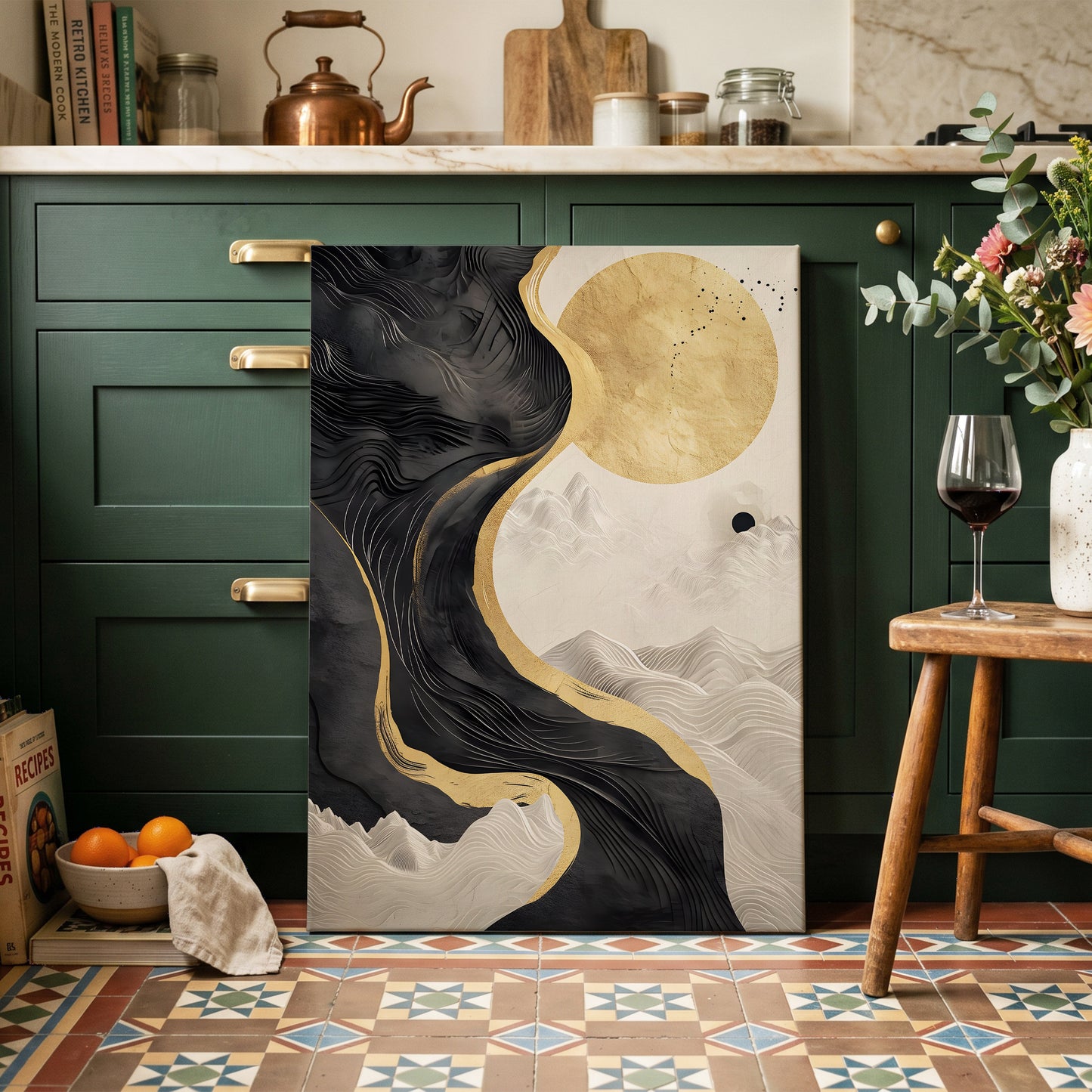 Gilded Tidal Forms, black, gold, white nature wall art on canvas displayed in a styled interior, gallery view 2