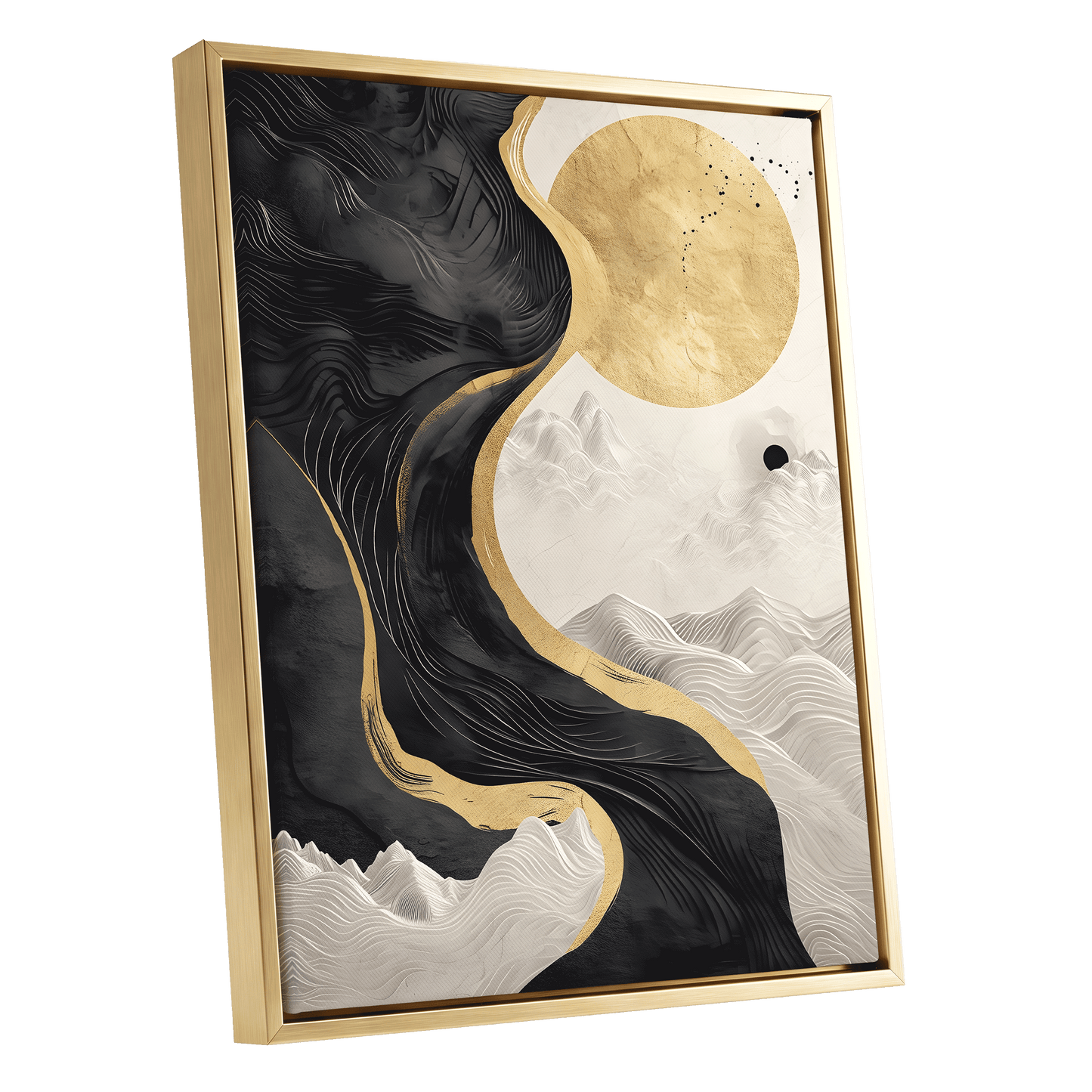 Gilded Tidal Forms, black, gold, white nature wall art shown as a gold framed canvas wall art