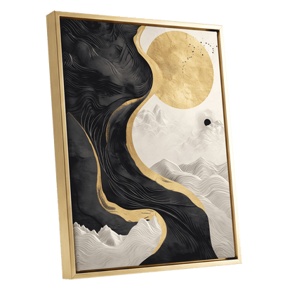 Gilded Tidal Forms, black, gold, white nature wall art shown as a gold framed canvas wall art