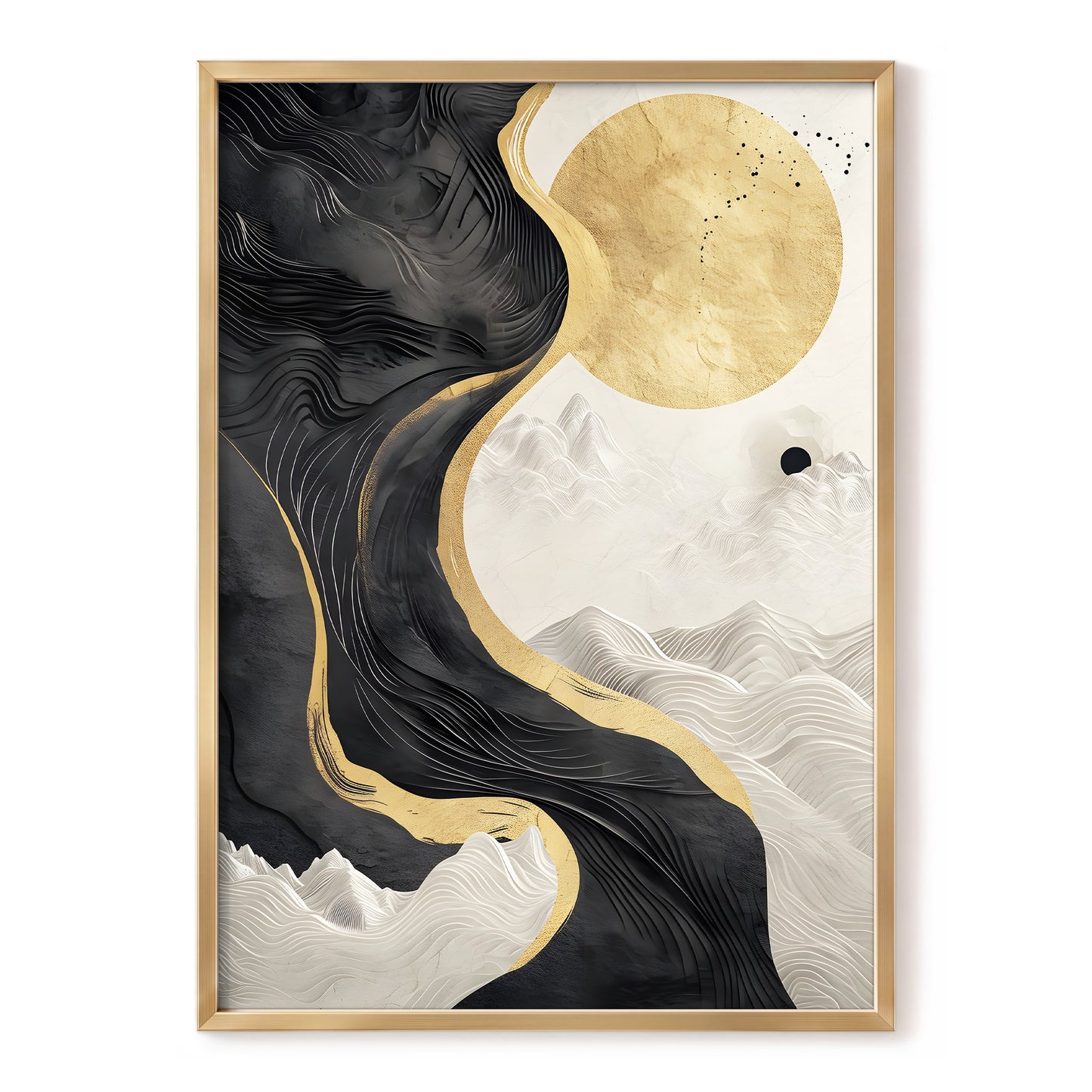 Gilded Tidal Forms, black, gold, white nature wall art, front artwork view