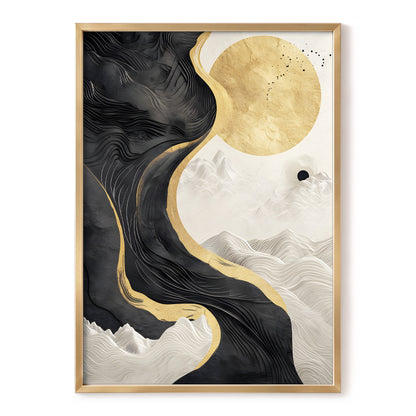 Gilded Tidal Forms, black, gold, white nature wall art, front artwork view