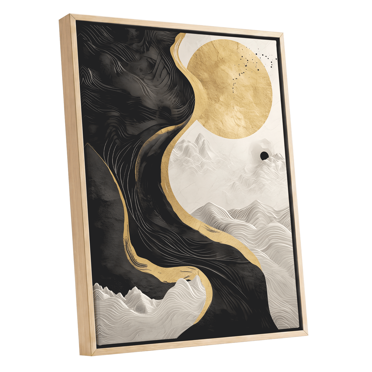 Gilded Tidal Forms, black, gold, white nature wall art shown as a oak framed canvas wall art