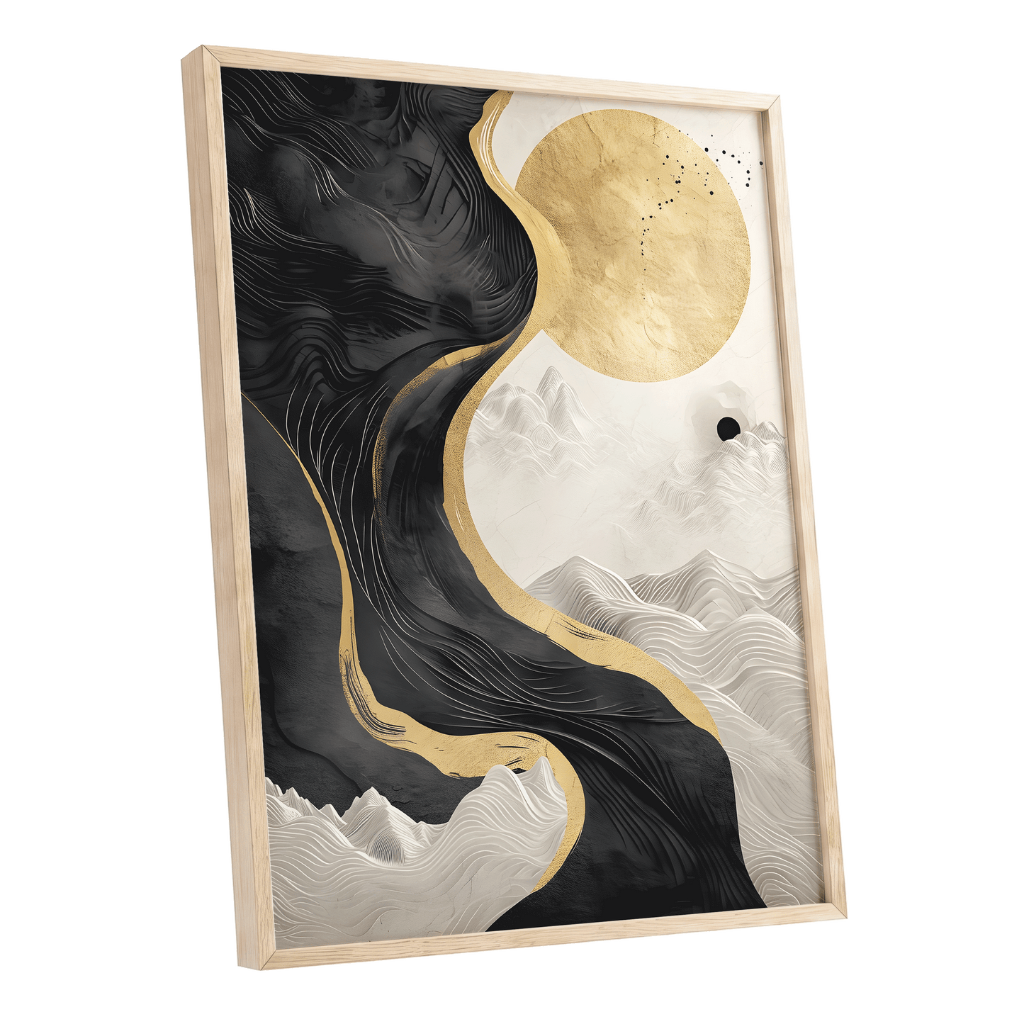 Gilded Tidal Forms, black, gold, white nature wall art shown as a oak framed poster wall art print