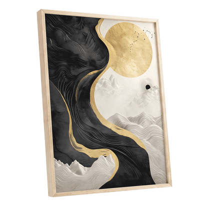 Gilded Tidal Forms, black, gold, white nature wall art shown as a oak framed poster wall art print