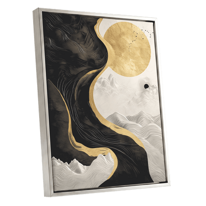 Gilded Tidal Forms, black, gold, white nature wall art shown as a silver framed canvas wall art